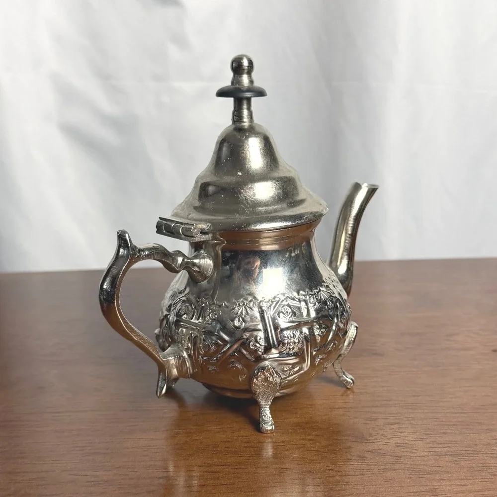 VTG Moroccan Silver Plate Teapot Repousse Footed Fez Style Wood Finial Signed